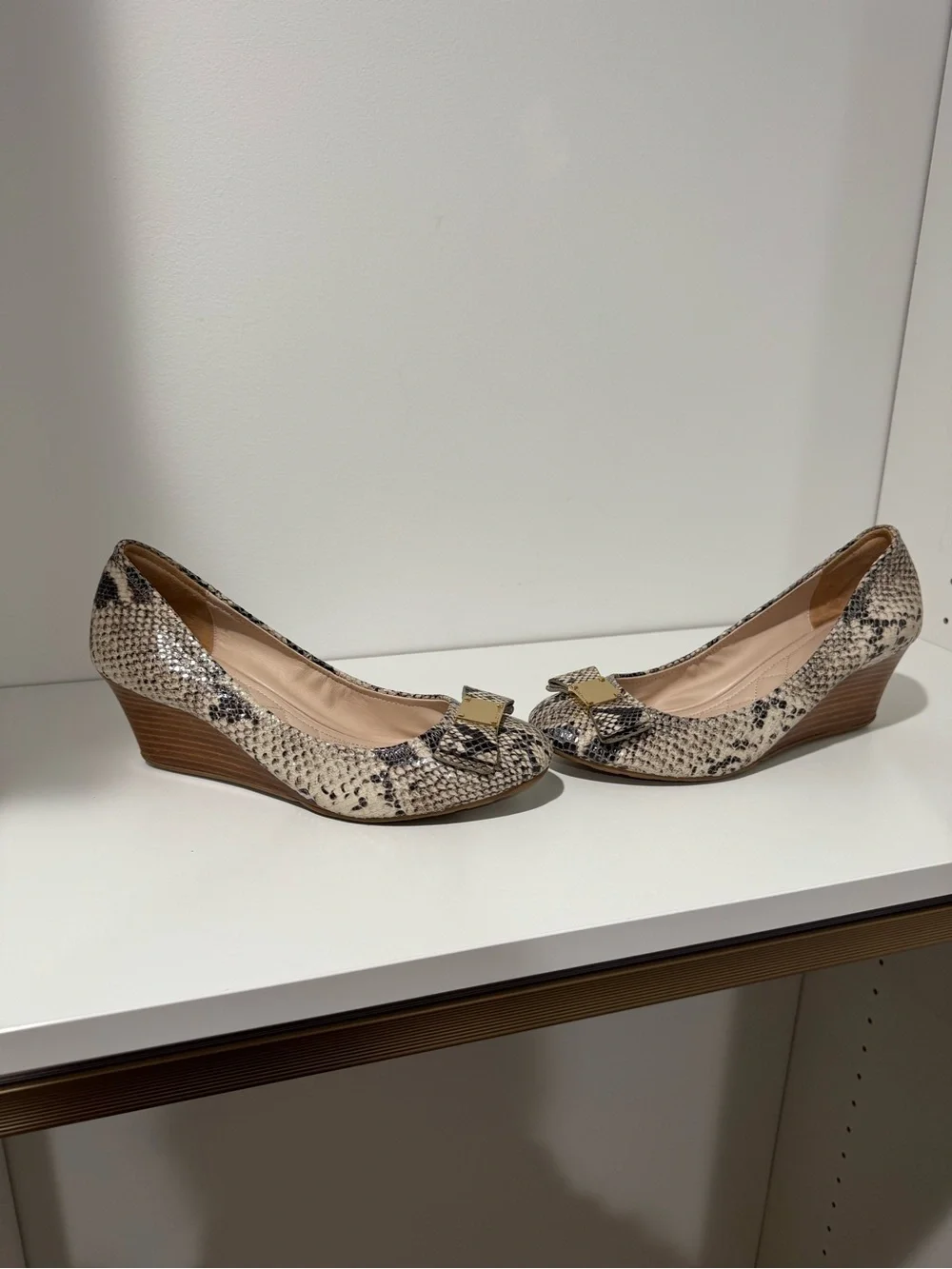 Cole Haan Snake-Print Bow Wedge Pumps - Beige/Tan